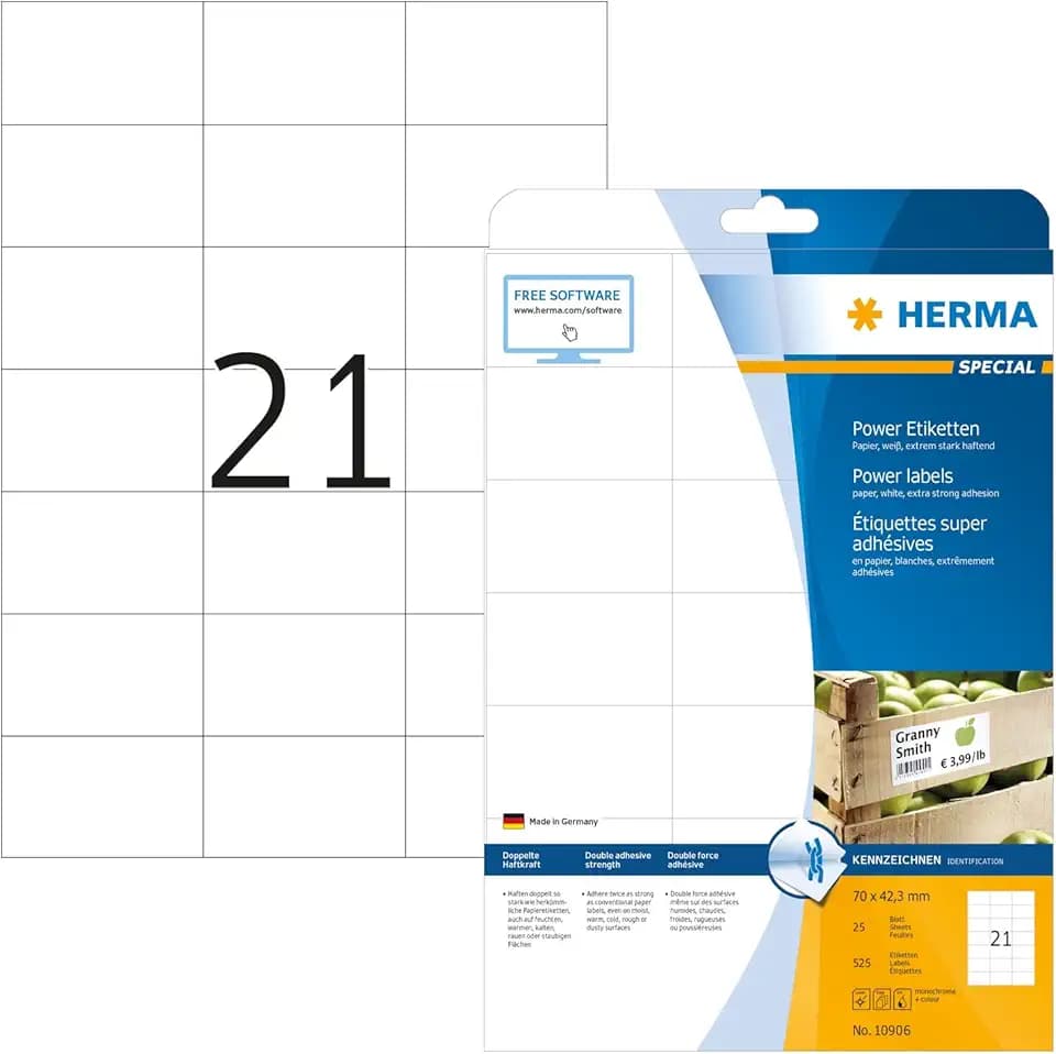 HERMA 10906 Power Etiketten, 25 Blatt, 70 x 42 mm, 21 pro A4 Bogen, 525 Stück, selbstklebend, bedruckbar, extrem stark haftend, blanko Papier Klebeetiketten Aufkleber, weiß