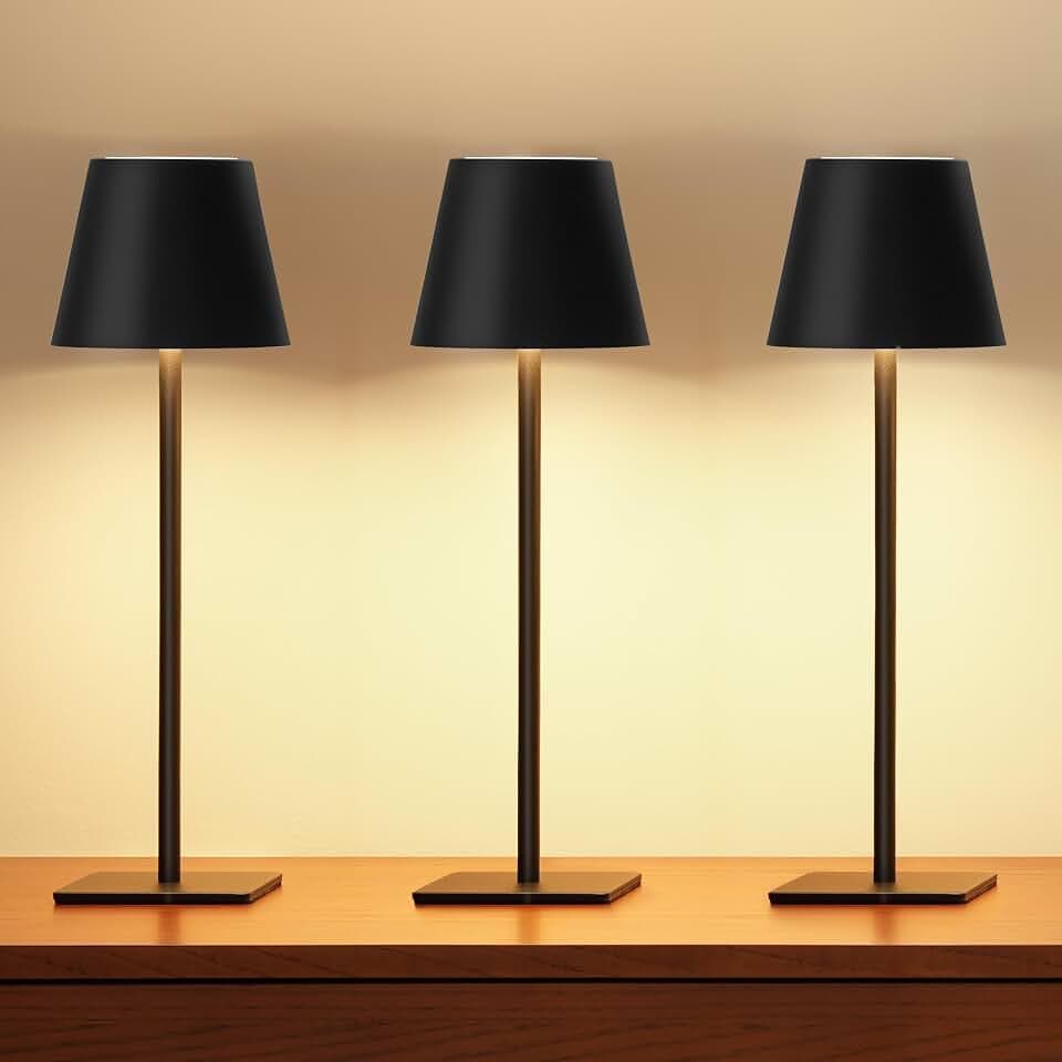 UME 3 Pack Cordless Table Lamp, Battery Operated Lamp - Portable Waterproof Rechargeable Table Lamp w/ 3 Color Temps & Stepless Dimming for Dinner, Desk, Cafe, Outdoor (Black)