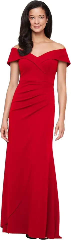 Alex Evenings Women's Off the Shoulder Stretch Crepe Dress with Fishtail Back, Floor Length Mother of the Bride Dress