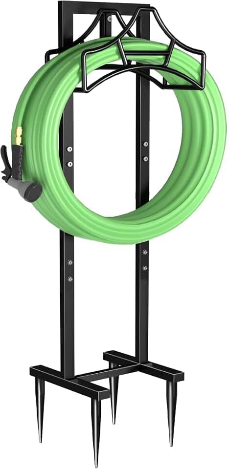 Garbuildman Garden Hose Holder With 4 Spikes, Freestanding Metal Hose Stand for Outdoor Garden, Detachable Hose Storage Rack for Lawn & Yard, Volcano Black