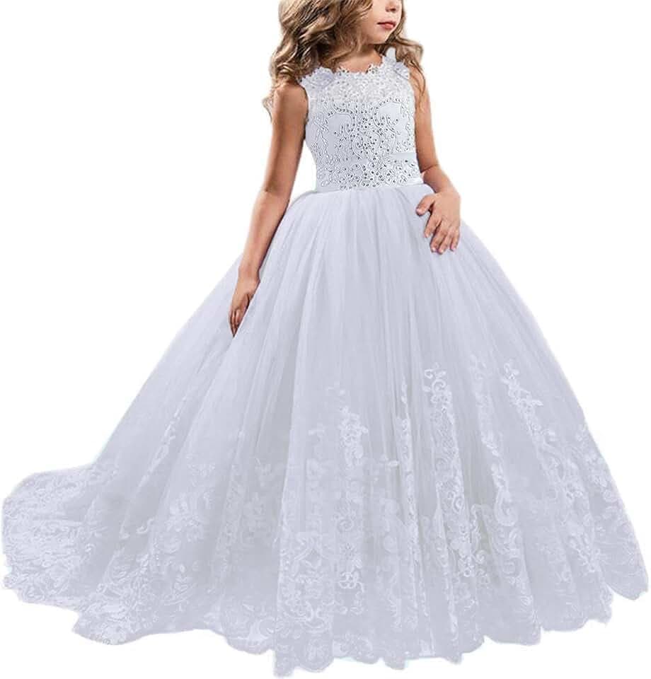 NNJXD Mädchen Spitze Tüll Gestickte Prinzessin Prom Ballkleid Formale Partei Lang Schwanz Kleider