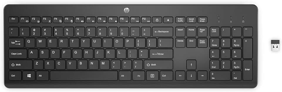 HP 230 kabellose Tastatur, leise und komfortable Tastenanschläge, Nummernblock, QWERTY-Layout, kompatibel mit Windows-PC, Chromebook, Laptop, Mac, bis zu 16 Monate Akku, USB-Dongle im Lieferumfang