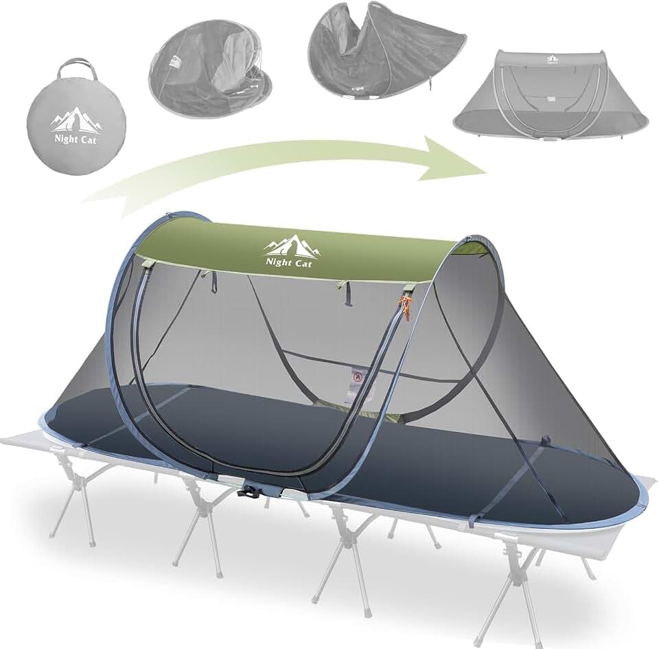 Night Cat Pop-up Mosquito Tent: 1 Person Camping Tent with Bug Screen Net Adults for Camping Cot (Excluded)