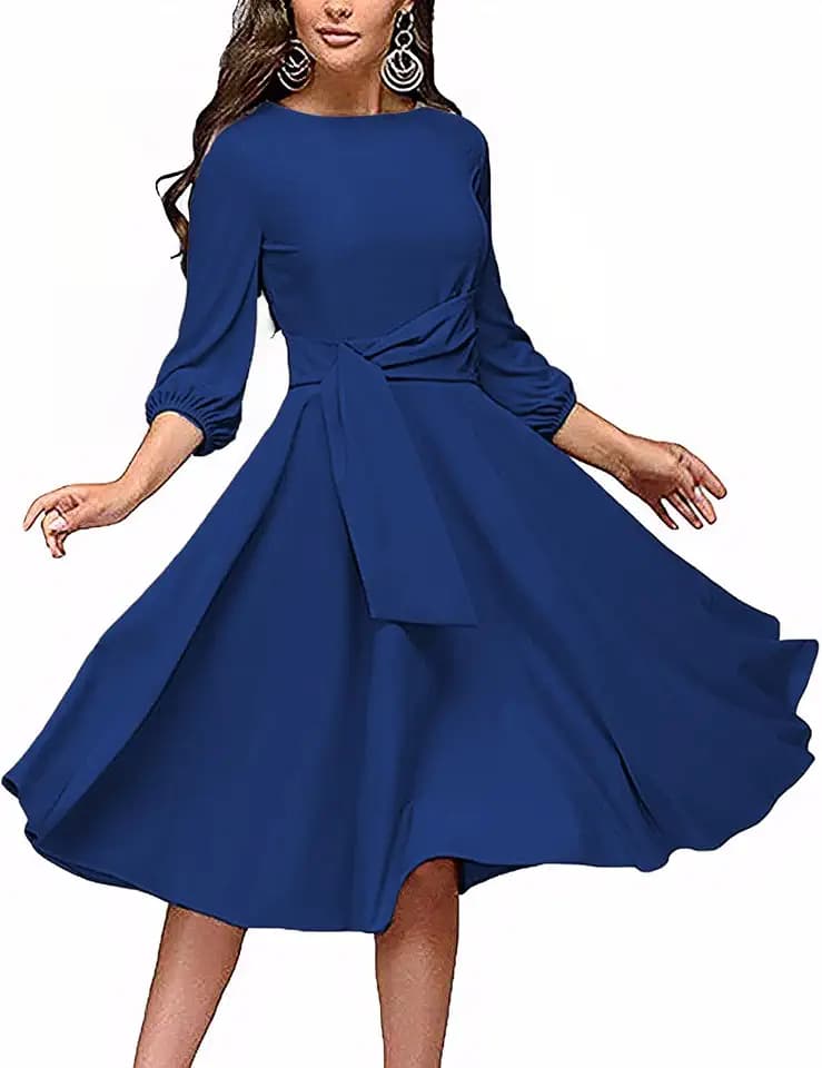 FENJAR Women's Formal Dresses Casual Wedding Guest Church Work Elegance Audrey Hepburn Style A-line Midi Dress(P-Blue-M)