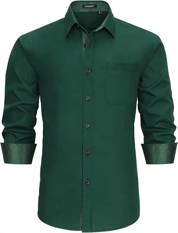 HISDERN Mens Business Dress Shirts Long Sleeve Casual Button Down Shirt Formal Inner Collar Contrast Shirt for Men Wedding