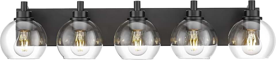 5-Light Matte Black Bathroom Vanity Light, Clear Glass Globe Shade
