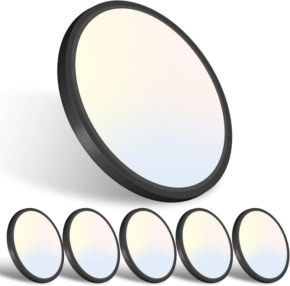 libtit 6Pack 7 inch Flush Mount Ceiling Light - 15W 1500Lm Surface Mount LED Light Fixture,3000k/4000k/6500k Color Selectable, Black Thin Flat Round LED Lamp for Bathroom Kitchen Laundry
