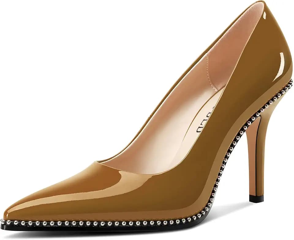 TNYNFBEB Womens Stiletto Mid Heel Pointed Toe Pumps Slip-on Sliver Beaded Prom Wedding Dress Basic Classic Patent Leather 3.5 Inches Heels