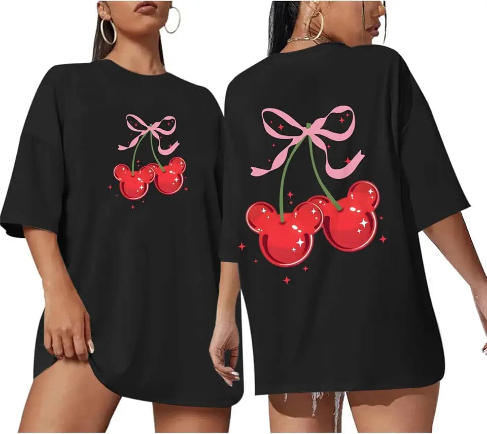 Cherry Bow Shirt for Women Graphic Oversized T Shirts Family Holiday Vacation Funny Cute Aesthetic Tee Summer Tops