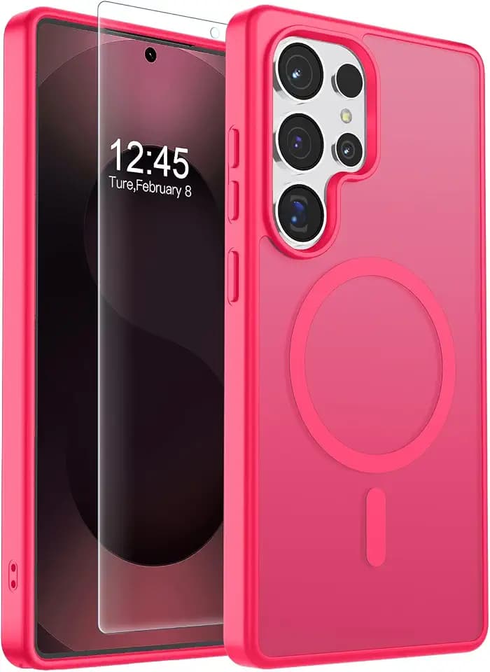 SUPFINE Magnetic for Samsung Galaxy S25 Ultra Case with Screen Protector, (Built-in Magnets) (Military Grade Drop Protection) Slim Translucent Shockproof Phone Case,Hot Pink