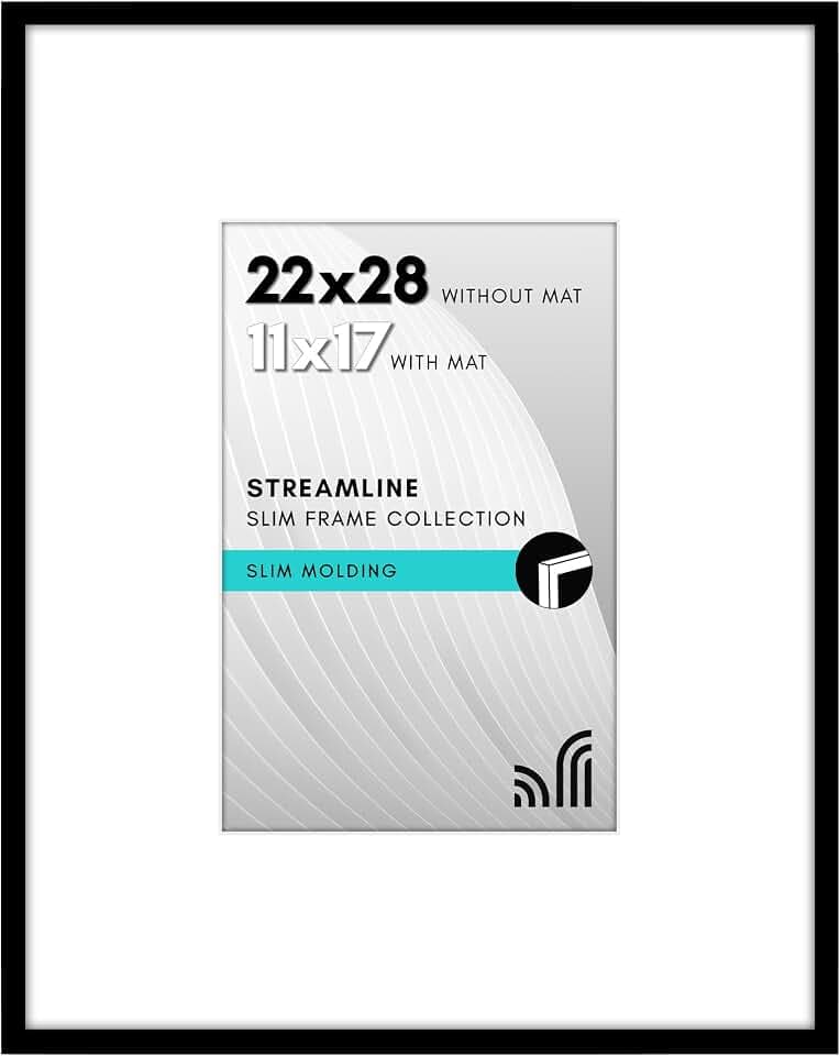 Americanflat 22x28 Poster Frame - Matted to 11x17 - Slim Molding - Black