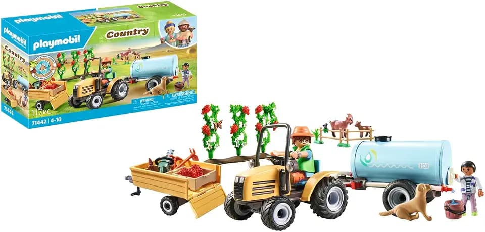 PLAYMOBIL Country 71442 Traktor mit Anhänger und Wassertank, frische Ernte auf dem Bauernhof, spielerisches Lernen über die Umwelt, nachhaltiges Spielzeug für Kinder ab 4 Jahren