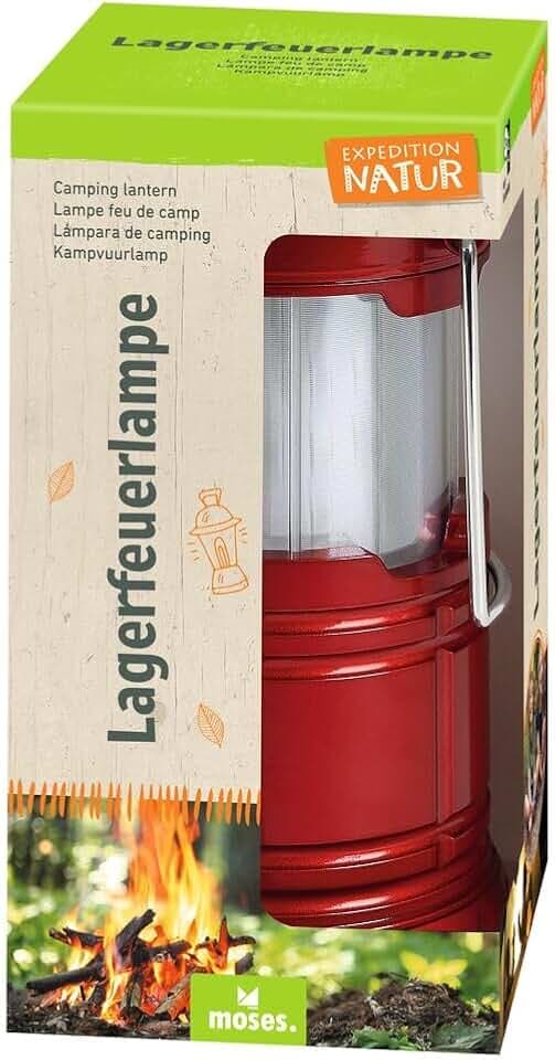moses. Expedition Natur Lagerfeuerlampe | LED Campinglampe, Tragbare Laterne zum Campen, Wandern oder Zelten für Kinder | Mit Metallbügel zum Aufhängen, Rot