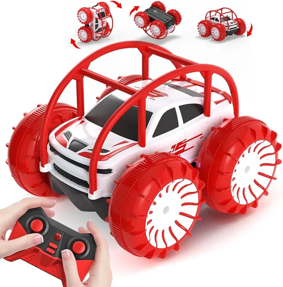 MaxTronic Amphibisches Ferngesteuertes Auto mit LED Licht, Direktladung Wasserdichter RC Stunt Auto 360° Flips, 4WD 15KM/H Offroad 2.4G MonsterTruck Spielzeug Mädche Jungen für Kinder ab 3 Jahren
