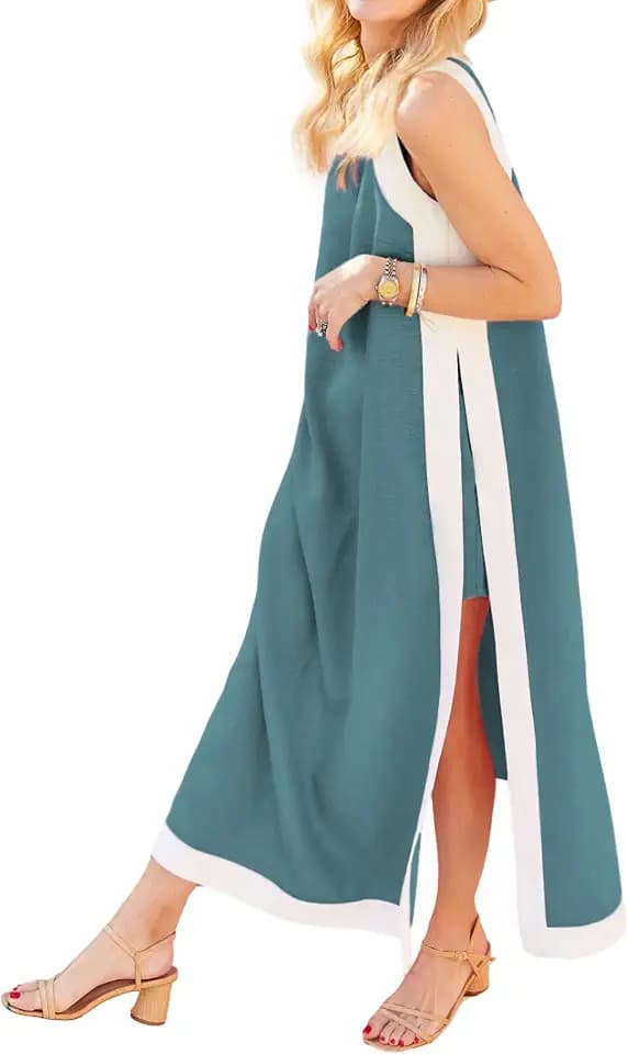 EsheSy Womens 2 Piece Sets Maxi Dress Matching Shorts Sleeveless Color Block Loose Boho Dress Outfits with Pockets