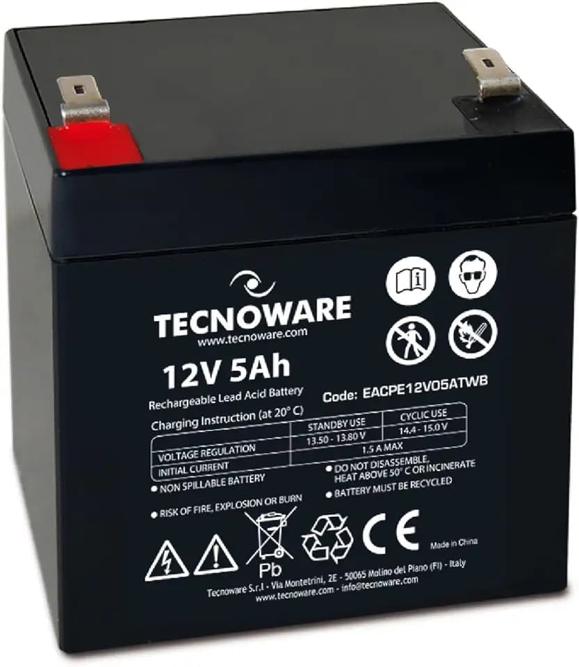 Tecnoware Power Systems - Ersatzbatterie für USV, Videoüberwachung und Alarmsysteme | 12V 5Ah Kapazität | Faston-Anschluss 6.3 mm | Wartungsfrei | Kompakte Abmessungen 9x10x7 cm, weiß, 5Ah