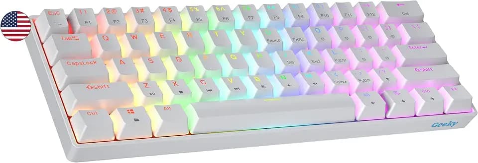 Geeky GK61 60% | Hot Swappable Mechanische Gaming-Tastatur | 61 Tasten Multi Color RGB LED Hintergrundbeleuchtung für PC/Mac Gamer| ANSI US Amerikanisches Layout (Weiß, Mechanical Red)