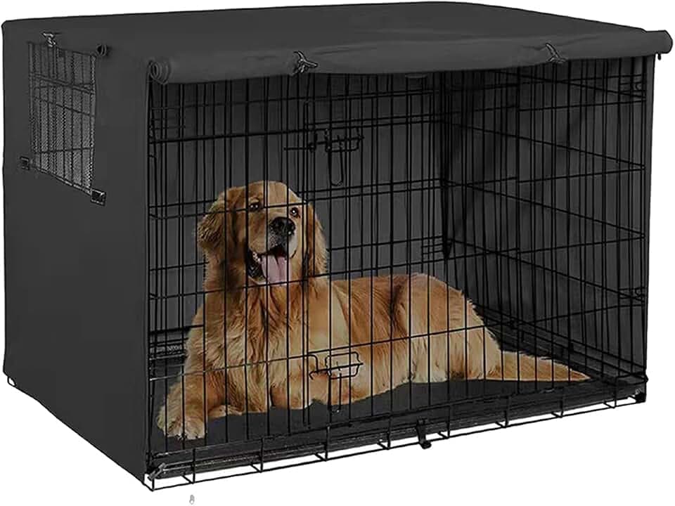 Hundekäfig Abdeckung, Abdeckung für Hundekäfige, Langlebiger Wasserdichter Winddicht Hundebox Abdeckung mit Doppeltür, für den innen und außenbereich (Schwarz M)