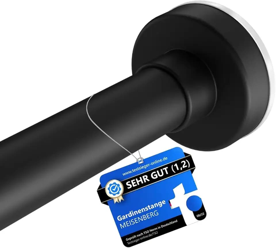MEISENBERG Gardinenstange zum Klemmen 110-200cm, Schwarz, Ø 25 mm, Vorhangstange ohne Bohren - Klemmstange für Gardinen, Bäder und Balkon - 2Stück