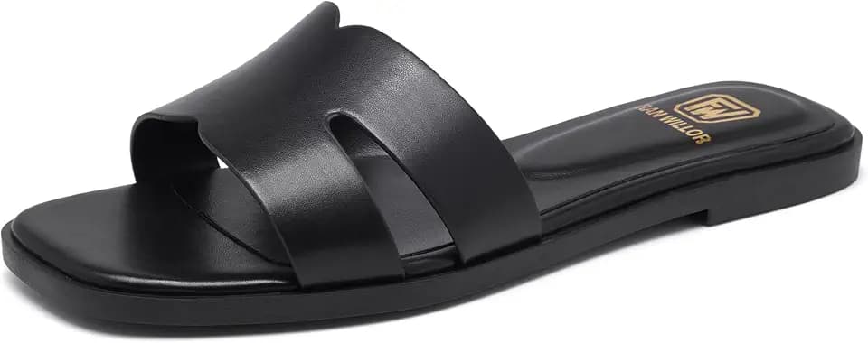 FW FRAN WILLOR Women's Flat Sandals Dressy Comfortable Slide Sandals Fashion Slip On Square Open Toe Beach Sandals for Summer
