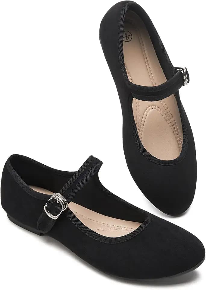 Womens Mary Jane Flats with strap,Faux Suede Black Flats,Casual Dressy Flat