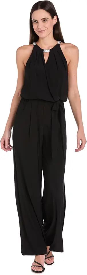 R&M Richards Women's Elegant Rhinestone Halter Neck Blouson Wrap Jumpsuit W/Self Tie Belt | Formal Sleeveless Evening Style