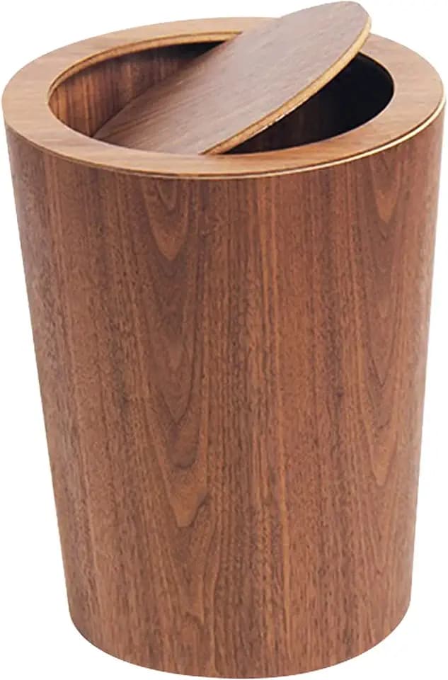 Modern Round Trash Can with Lid,Solid Real Wood Waste Basket in Walnut,8L/2.1Gal,9.25"x7.5"x11.8" Swing Top Small Trash Can, Living Room, Office & Bathroom Farmhouse Loft Wooden Style