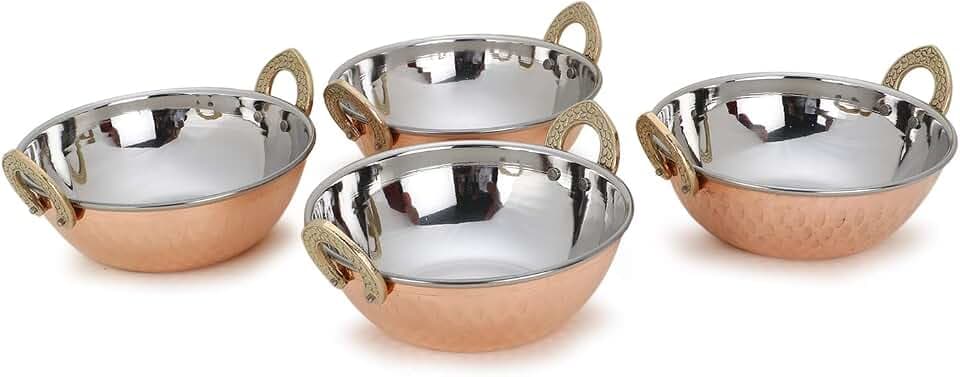 Zap Impex Karahi Servierschalen – 4-teilig – Kupfer gehämmert & Edelstahl innen – 13 cm (300 ml) – Indisches Serviergeschirr für Curry, Biryani & Beilagen