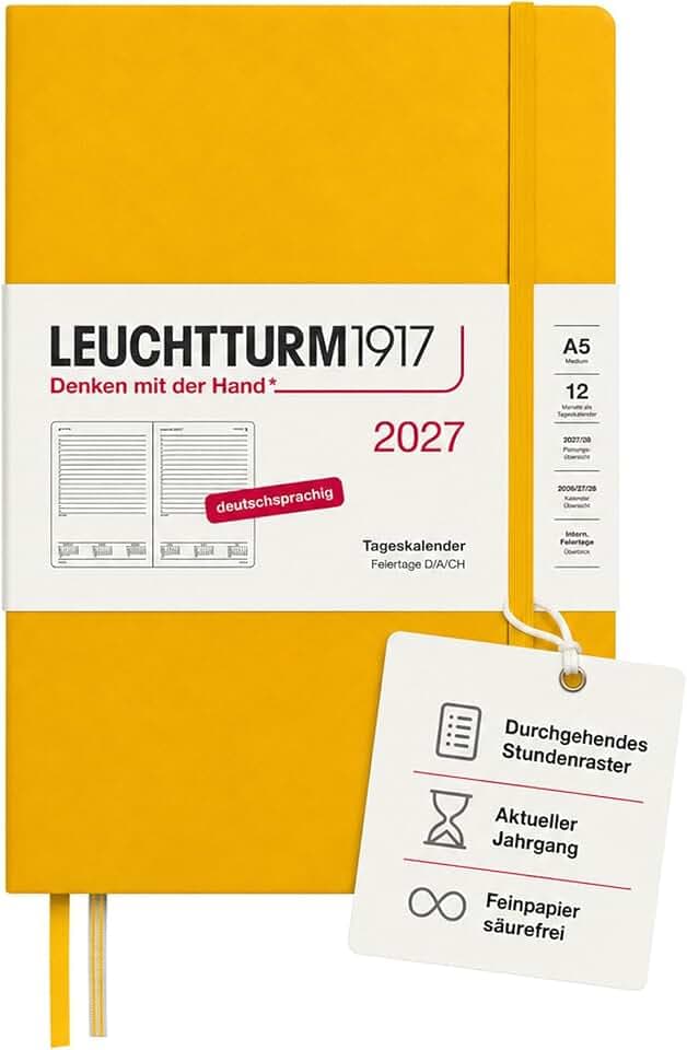 LEUCHTTURM1917 Tageskalender 2027 Medium (A5) - Deutsch, Sunflower, 145 x 210 mm, Januar-Dezember (12 Monate), 1 Seite pro Tag, Stundenraster 7:00-22:00, Hardcover, 80 g/m² Papier
