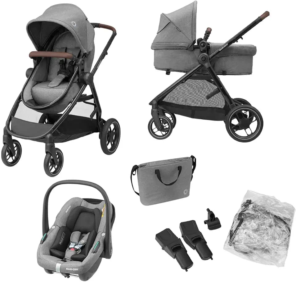 Maxi-Cosi Zelia S Trio Kinderwagen 3 in 1 Komplettset, 0-4 Jahre, bis 22 kg, Zusammenklappbar, Kompakt, Verstellbarer Baby Kinderwagen, mit CabrioFix S i-Size Babyschale, Zubehör, Wickeltasche, Grau