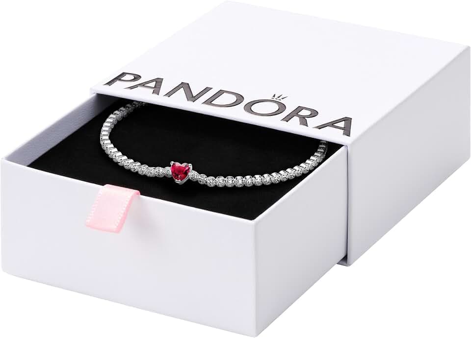Pandora Timeless Tennisarmband Herz, Sterlingsilber, mit rotem Kristall und klarem Cubic Zirkonia