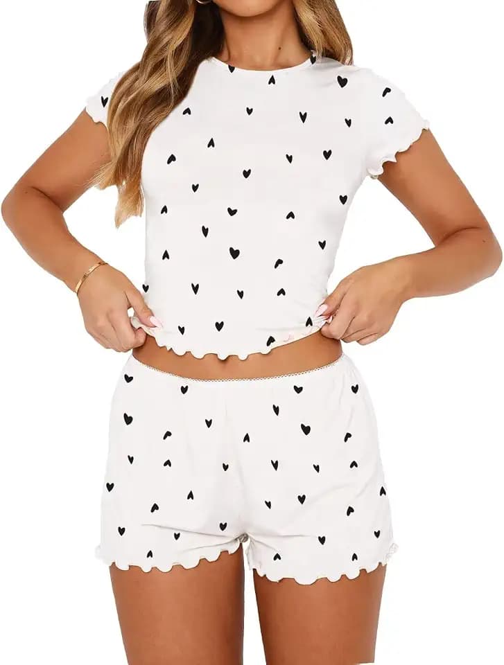 LACOZY Damen-Pyjama-Set, 2-teilig, kurzärmelig, niedlich, grafisch, bauchfrei, Shorts, Y2K, Nachtwäsche, Lounge-Set