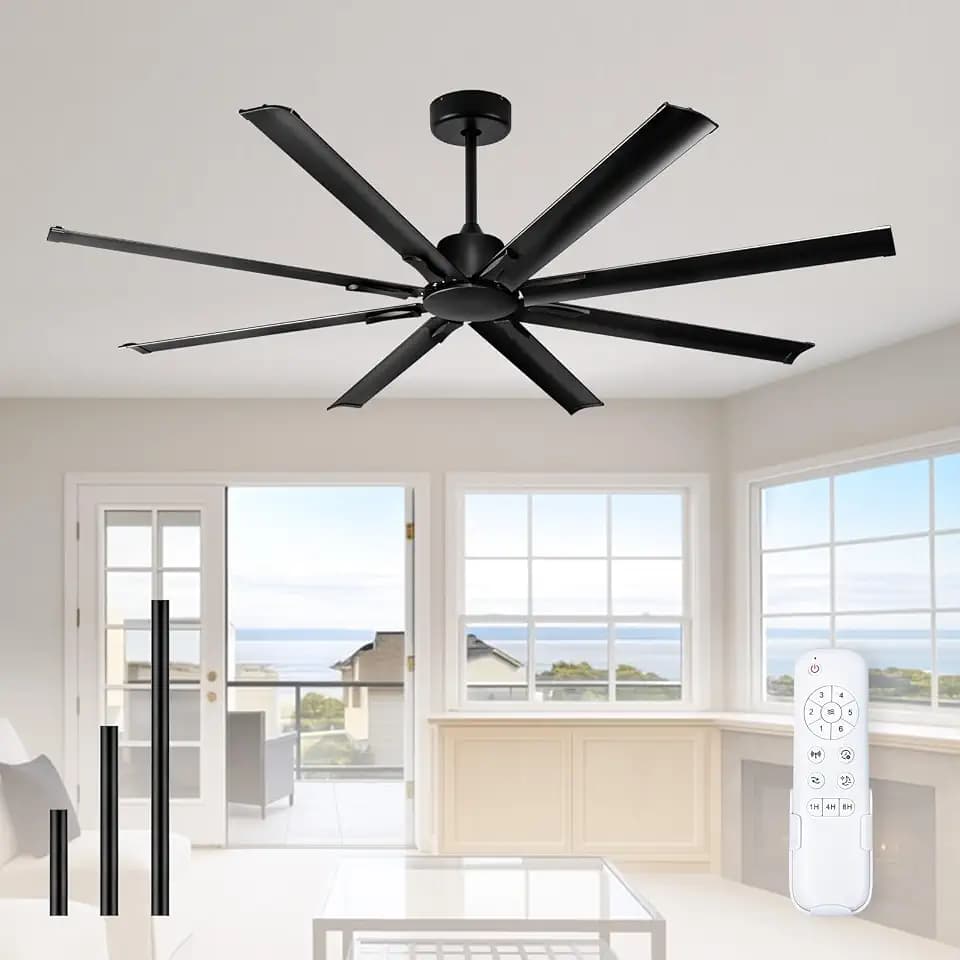 72 Inch Outdoor Ceiling Fan no Light,8 Mate Black Aluminum Blades