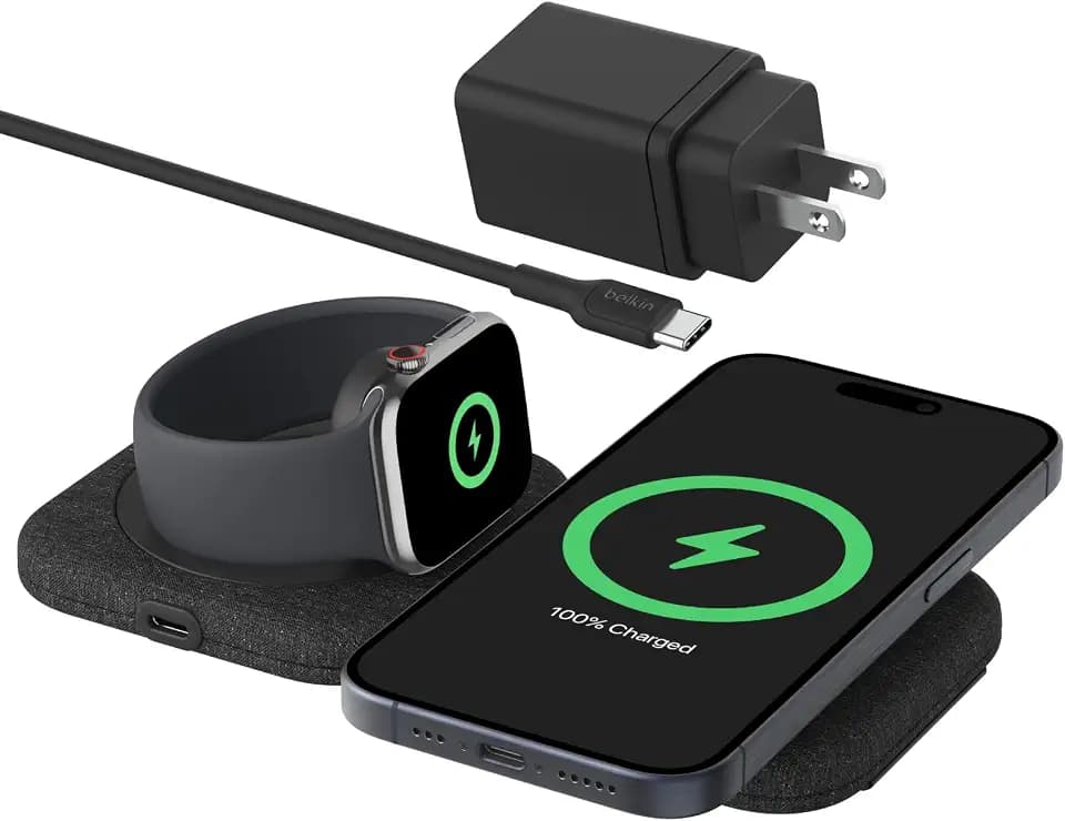Belkin Qi2 15W Magnetic Wireless Travel Pad, 2 in 1 Foldable Charger