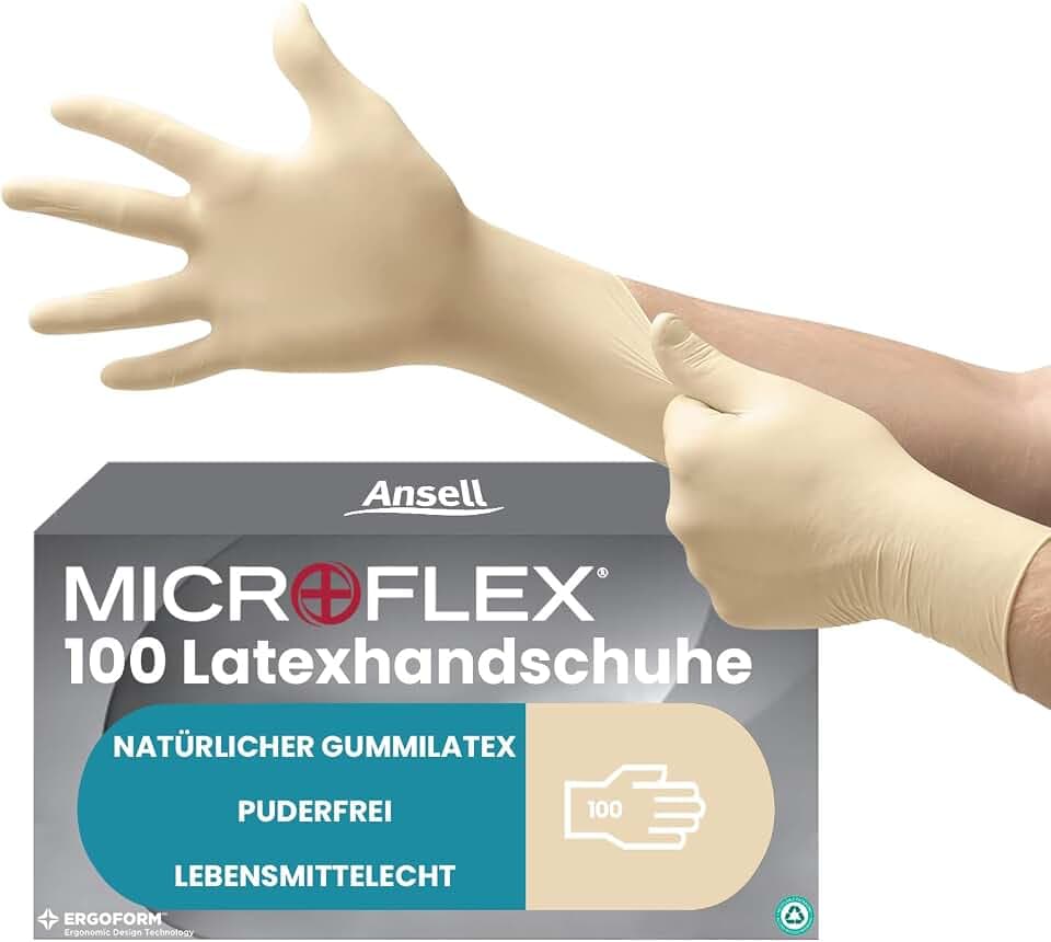 Ansell Microflex 63-864, Einmalhandschuhe mit Texturierten Fingerspitzen, Latexhandschuhe industriegeeignet, Lebensmittelhandschuhe zertifiziert, Arbeitshandschuhe, Einweghandschuhe, 100 Stück, Gr. M