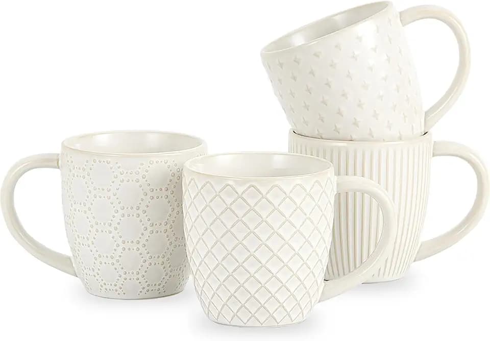 Kaffeebecher-Set, 4-teilig, weiße Keramik, 400 ml, mit Griff, mikrowellen- und spülmaschinenfest