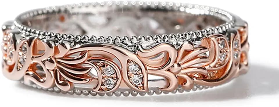 Jeulia Floral Ring Band Sterling Silver Two Tone Leaf Carved Vintage Unique Hollow Flower Rose Gold Jewelry Engagement Wedding Bridal Sets Stackable Anniversary Promise with Gift Box