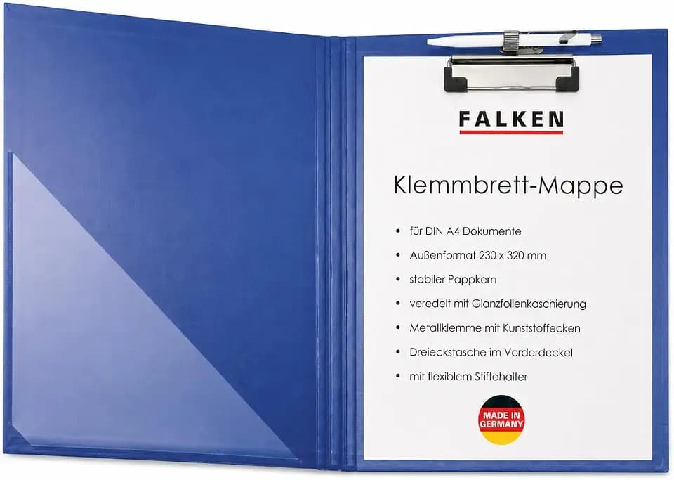 FALKEN Klemmbrett-Mappe DIN A4 blau mit Tasche im Vorderdeckel