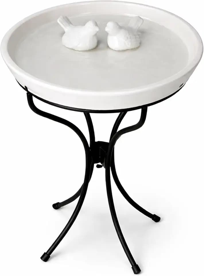 Alpine Corporation VTFAM148A 12" White Ceramic Bird Bath with Decorative Bird Accent & Black Metal Stand – Outdoor Garden Patio Yard Birdbath, 17" Tall Pedestal Base
