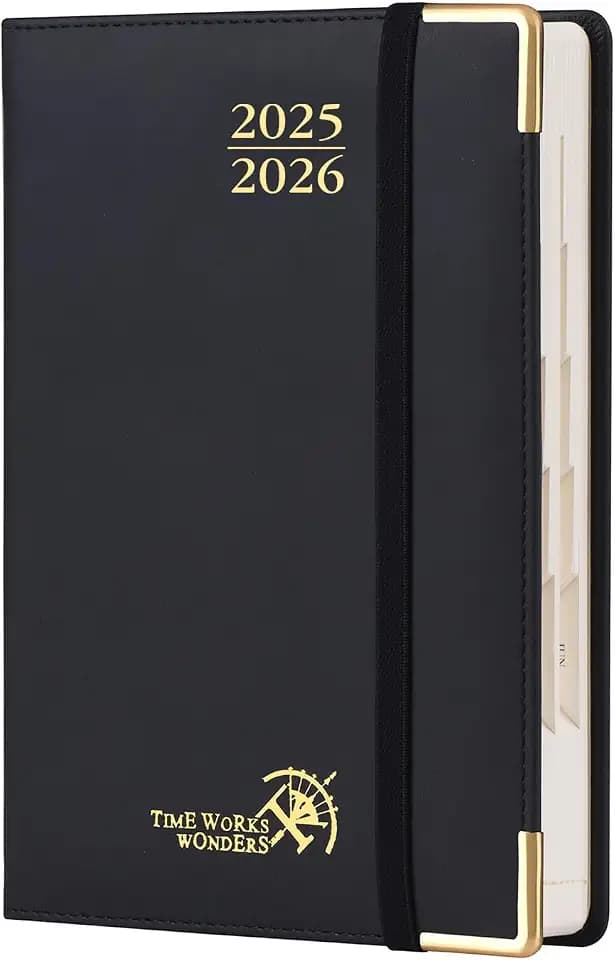 POPRUN Tagesplaner 2025 2026 A5 Hardcover 21,5 x 14,5 cm (Aug.2025-Jul.2026), Tageskalender 1 Tag 1 Seite (Montag - Sonntag) mit PU-Leder, Monatliche Registerkarten- Schwarz