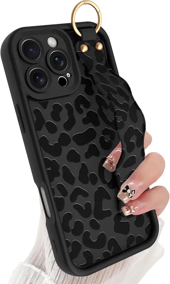 Cute for iPhone 16 Pro Max Case with Strap Stand, Black Leopard