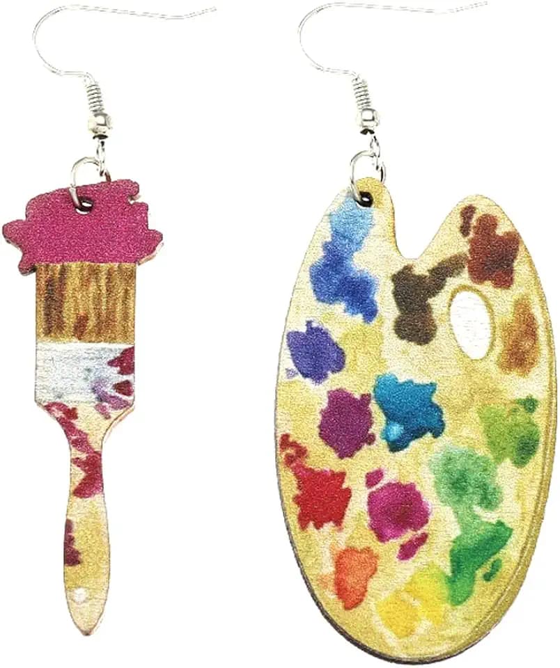 Bohemian Vintage Big Wooden Artist Double-sided Printing Paint Brush Dangle Drop Earrings Paint Palette Charm Earrings Colorful Painter Jewelry for Women Artist Gift Art Teacher Gifts