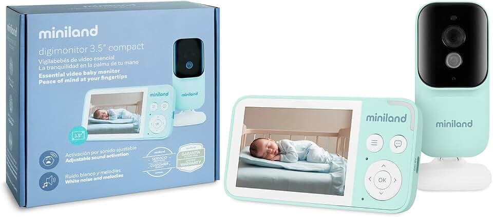 Miniland Babyphone Digimonitor, 8,9 cm (3,5 Zoll), kompakt, Babyüberwachungskamera mit Nachtsicht, Zwei-Wege-Kommunikation, weißem Rauschen und Melodien