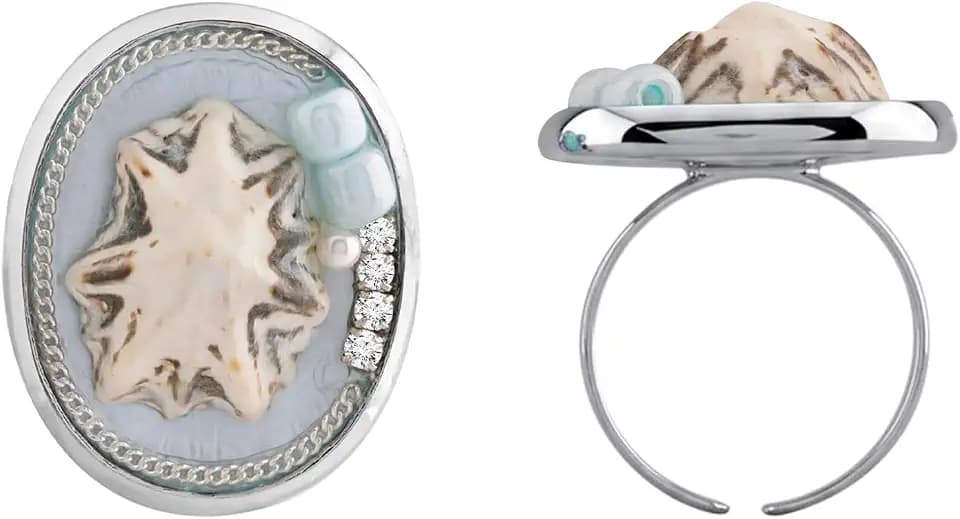 MINACHI Boho Pastel Beach Shell Silver-Tone Adjustable Band Statement Ring