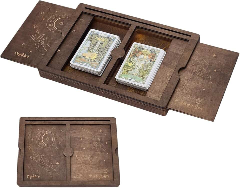 FINGERINSPIRE Schiebebox Zur Aufbewahrung von Tarotkarten Aus Holz 24x17x3cm Kokosnussbraun Rechteckige Tarotkartenbox Aus Holz Mit Mond Sonnen Muster Schiebebox Zur Aufbewahrung von Tarotkarten