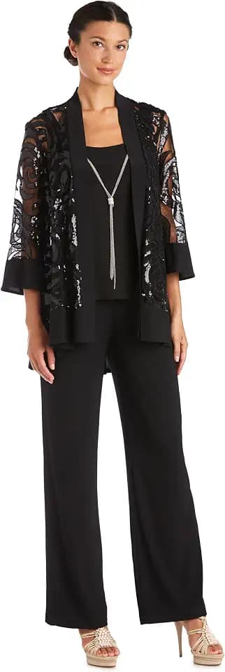 Three Piece Set With Sequin Swing Jacket and Detachable Necklace - Petite