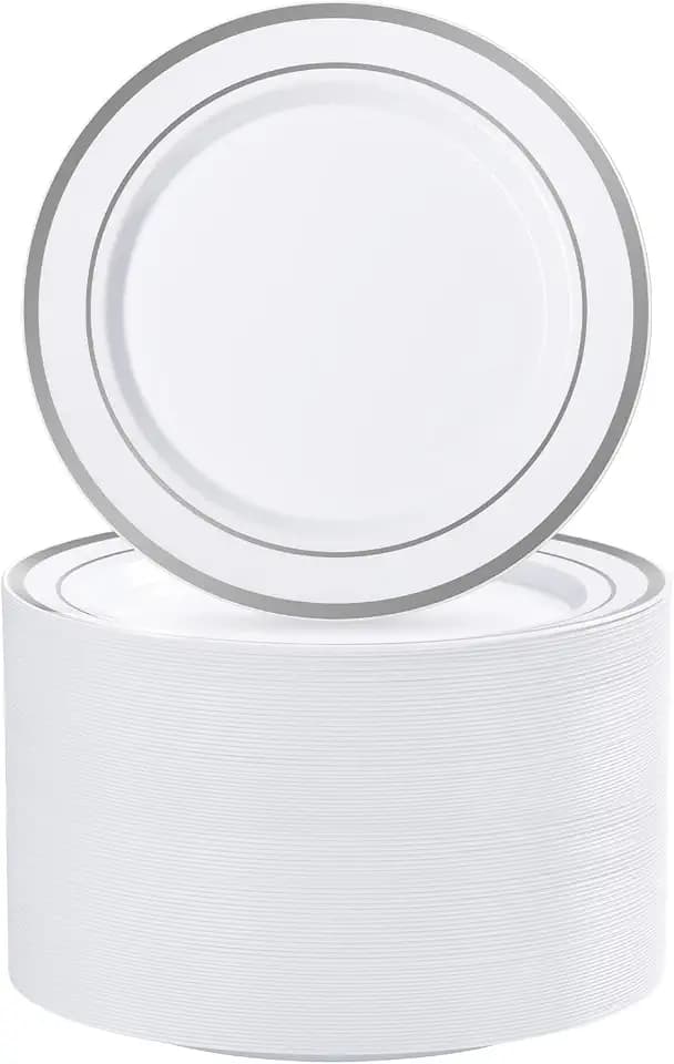BESTVIP 100PCS 7 Inch Silver Plastic Dessert Plates, Disposable Plate