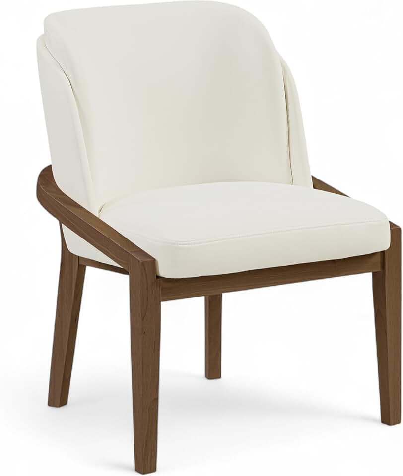 Meridian Furniture 88042Cream-C Navo Collection Art Deco Dining Chair with Soft Vegan Leather, Rich Finished Solid Wood Legs and Frame, 25" W x 23.75" D x 34.5" H, Cream/Stained Walnut