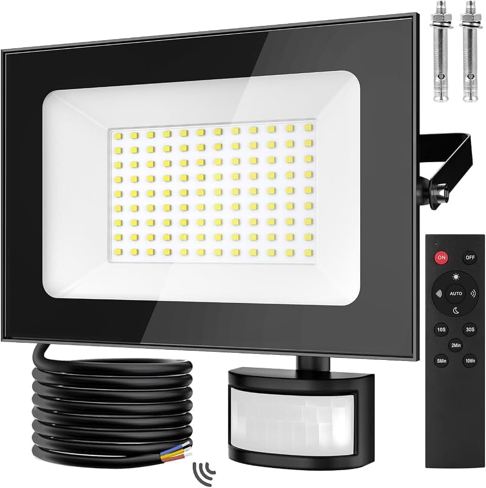 papasbox 100W LED Strahler mit Bewegungsmelder Außen Lichtsensor | Außenstrahler Scheinwerfer Aussen mit Fernbedienung | 6500K Kaltweiß IP66 Wasserdicht Fluter für Garten Garage Sportplatz