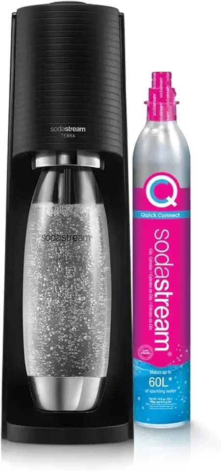 SodaStream Terra Sprudelwassermaschine und Soda | Packung mit 1 Flasche, 1 l, Edelstahl-Finish, spülmaschinenfest + 1 Gasnachfüllung, 60 l, zum Anklippen, Schwarz